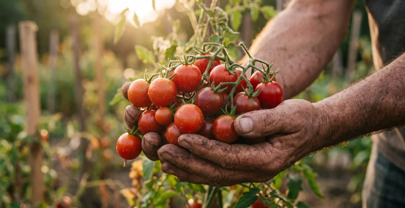 Photographie éditoriale d'un plant de tomates vigoureux couvert de fruits mûrs dans un potager naturel, illustrant l'effet d'un amendement efficace