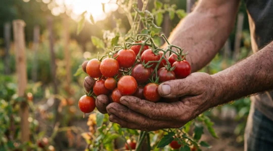 Photographie éditoriale d'un plant de tomates vigoureux couvert de fruits mûrs dans un potager naturel, illustrant l'effet d'un amendement efficace