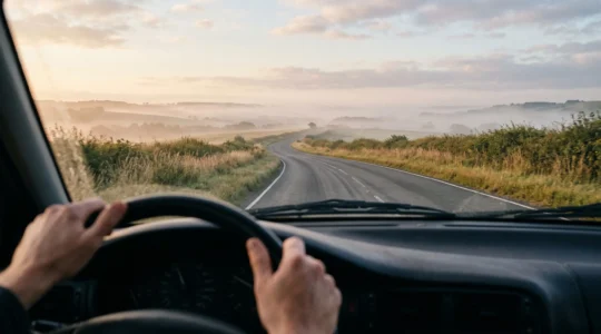 Conducteur au volant regardant loin devant sur une route dégagée au lever du jour, symbolisant l'anticipation et la vigilance