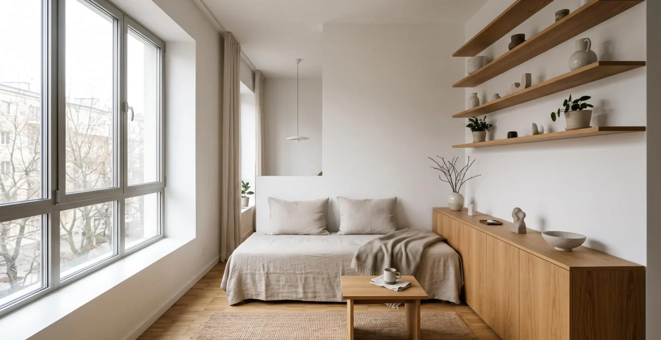 Salon d'un appartement de 50 m² agencé intelligemment avec mobilier multifonction et sensation d'espace