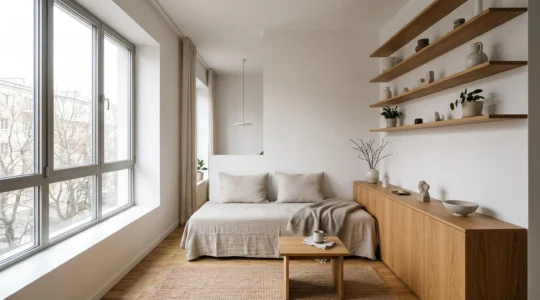 Salon d'un appartement de 50 m² agencé intelligemment avec mobilier multifonction et sensation d'espace