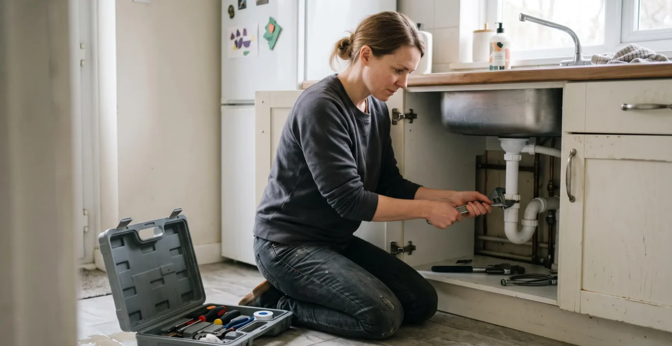 Une personne répare avec confiance un équipement domestique, symbole de l'autonomie acquise en bricolage