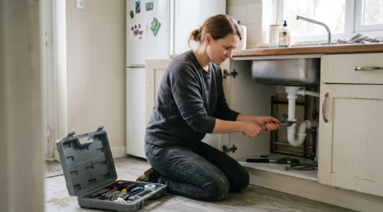 Une personne répare avec confiance un équipement domestique, symbole de l'autonomie acquise en bricolage