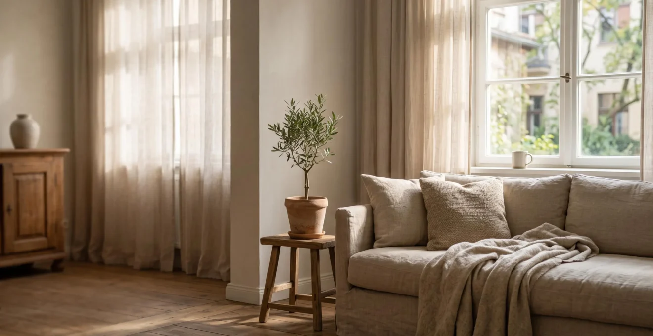 Salon baigné de lumière douce illustrant la transformation d'un logement inconfortable en cocon reposant