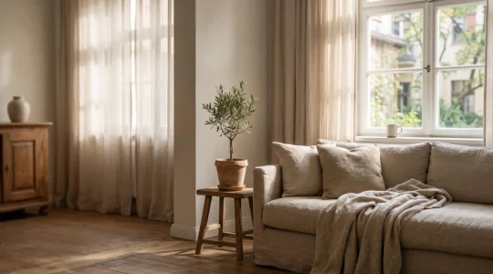 Salon baigné de lumière douce illustrant la transformation d'un logement inconfortable en cocon reposant