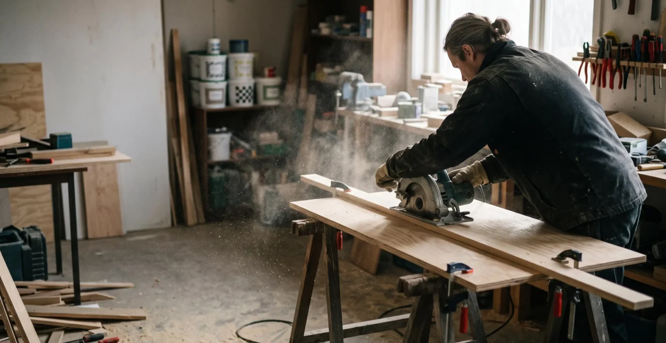 Bricoleur guidant une scie circulaire le long d'une règle de guidage improvisée sur une planche de bois dans un atelier lumineux