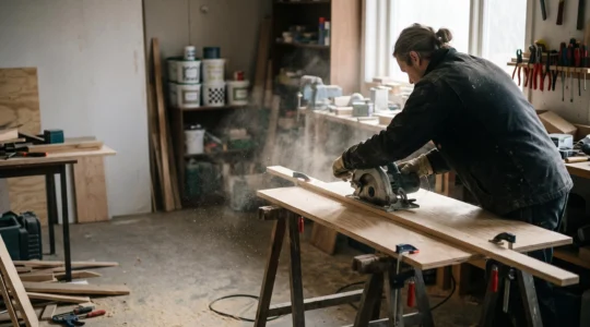 Bricoleur guidant une scie circulaire le long d'une règle de guidage improvisée sur une planche de bois dans un atelier lumineux