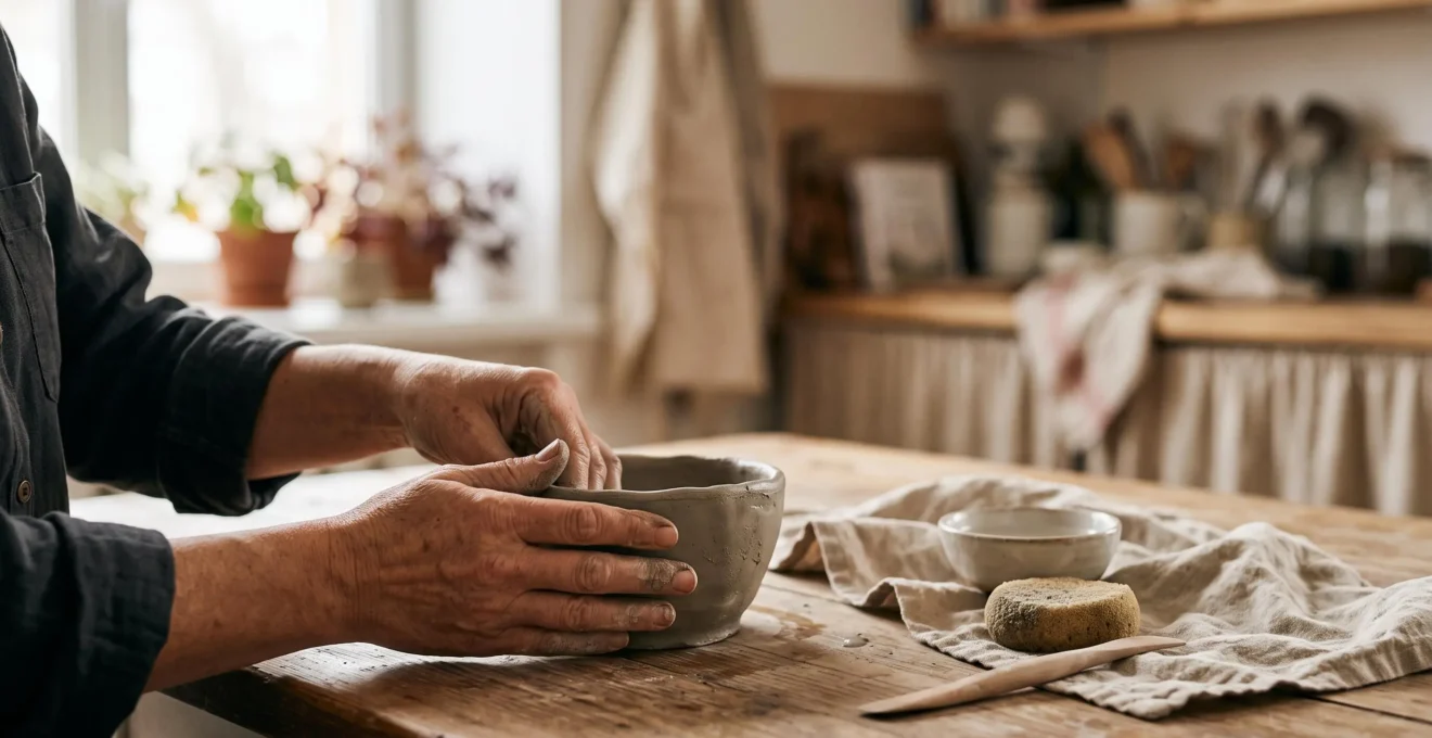 Mains façonnant délicatement un petit bol en argile sur une table en bois, dans un intérieur chaleureux et lumineux, sans tour de potier.