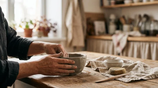 Mains façonnant délicatement un petit bol en argile sur une table en bois, dans un intérieur chaleureux et lumineux, sans tour de potier.