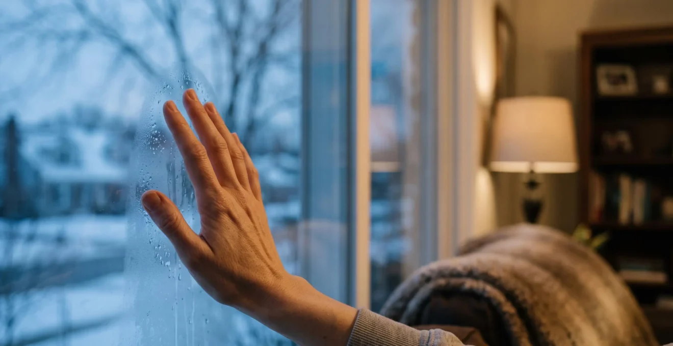 Main posée sur une vitre froide dans une maison en hiver, illustrant la détection des fuites thermiques