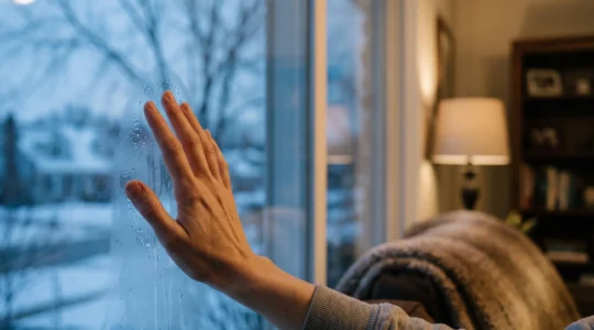 Main posée sur une vitre froide dans une maison en hiver, illustrant la détection des fuites thermiques