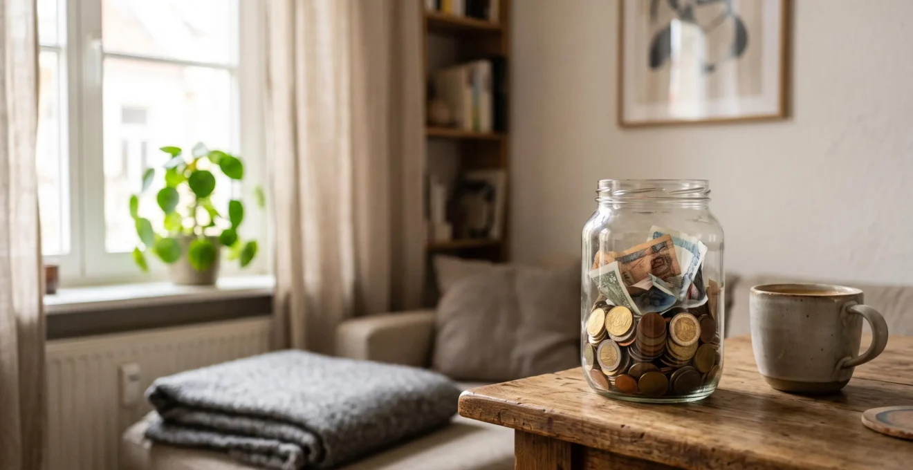 Interieur chaleureux d'un salon avec une tirelire en verre remplie de pieces posee sur une table basse en bois, symbolisant les economies realisees sur les charges du foyer