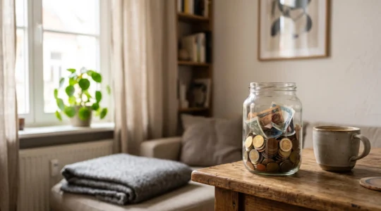 Interieur chaleureux d'un salon avec une tirelire en verre remplie de pieces posee sur une table basse en bois, symbolisant les economies realisees sur les charges du foyer