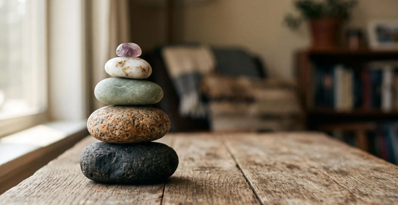 Composition symbolique illustrant l'harmonie entre plusieurs spheres de vie a travers des elements naturels en equilibre