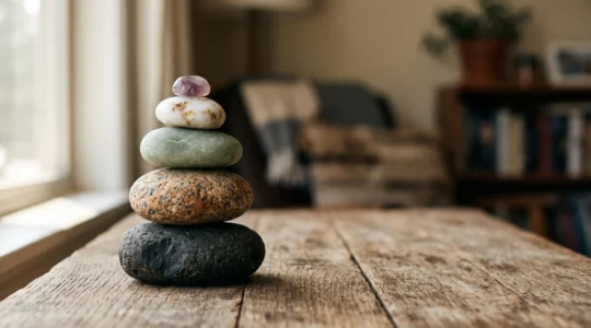 Composition symbolique illustrant l'harmonie entre plusieurs spheres de vie a travers des elements naturels en equilibre