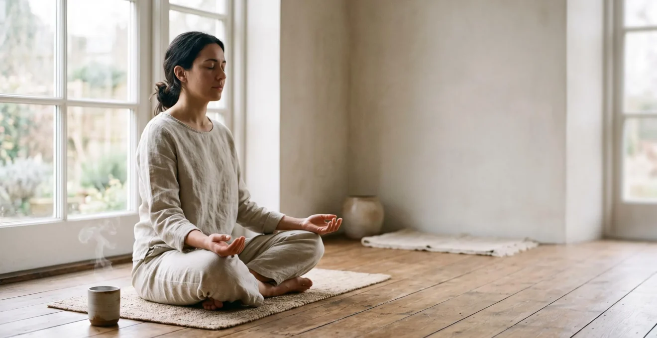 Personne assise calmement dans une lumière douce du matin, mains posées sur les genoux, symbolisant un mental apaisé après une routine de 15 minutes