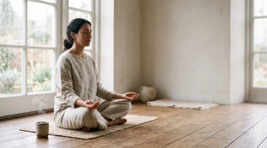 Personne assise calmement dans une lumière douce du matin, mains posées sur les genoux, symbolisant un mental apaisé après une routine de 15 minutes