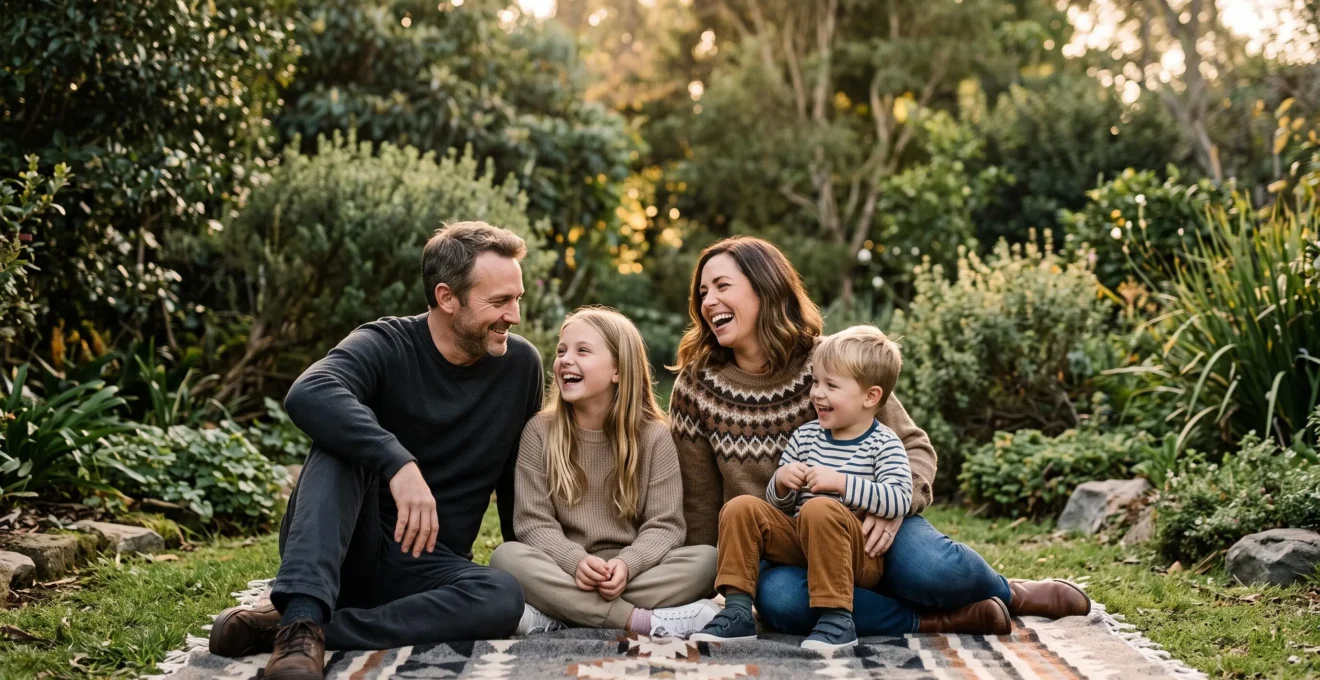 Famille multigénérationnelle partageant un moment de détente complice lors d'un week-end, illustrant l'équilibre entre les besoins de chacun