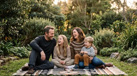 Famille multigénérationnelle partageant un moment de détente complice lors d'un week-end, illustrant l'équilibre entre les besoins de chacun
