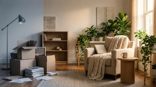 Salon lumineux et épuré transformé en refuge anti-stress, avec textures naturelles et lumière douce