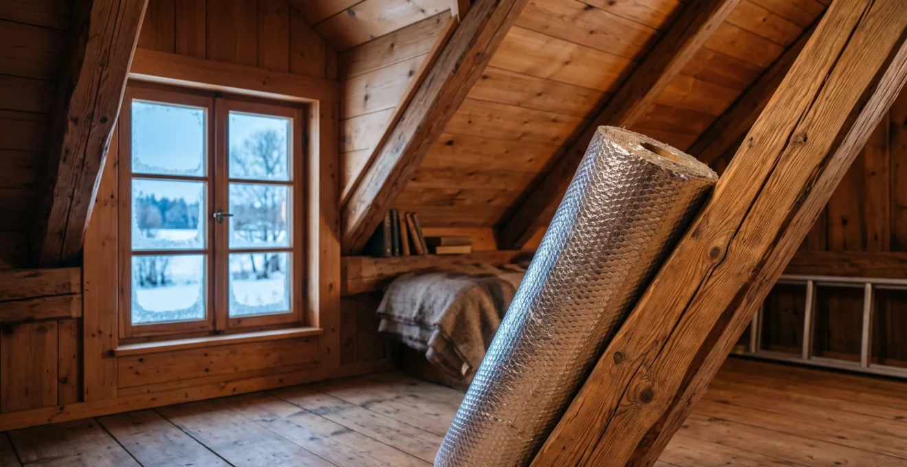 Rouleau d'isolant thermique posé dans un espace sous toiture baigné de lumière naturelle, symbolisant la rénovation énergétique d'une maison