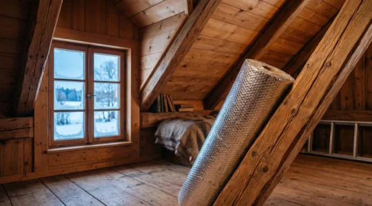 Rouleau d'isolant thermique posé dans un espace sous toiture baigné de lumière naturelle, symbolisant la rénovation énergétique d'une maison