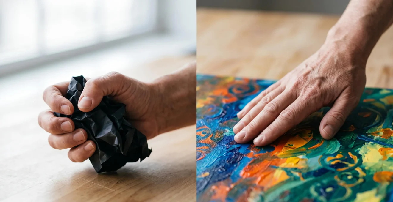 Mains d'une personne en train de transformer une feuille froissee et sombre en une composition colore et lumineuse, symbolisant la transformation des emotions refoulees en creation liberatrice.