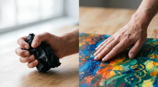 Mains d'une personne en train de transformer une feuille froissee et sombre en une composition colore et lumineuse, symbolisant la transformation des emotions refoulees en creation liberatrice.