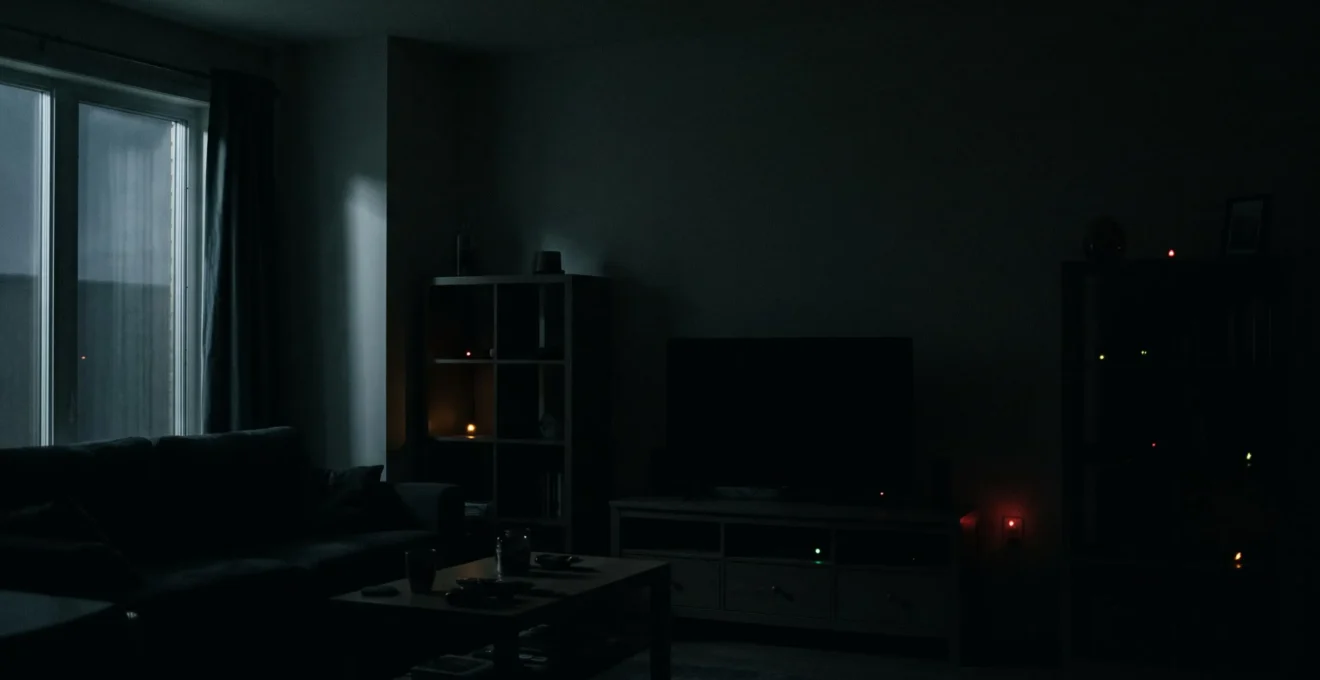 Intérieur de maison plongé dans la nuit avec plusieurs appareils électroniques dont les voyants lumineux restent allumés, symbolisant la consommation électrique cachée