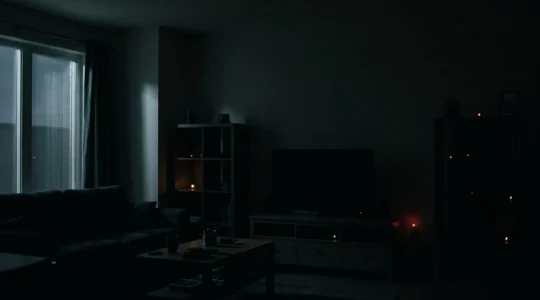Intérieur de maison plongé dans la nuit avec plusieurs appareils électroniques dont les voyants lumineux restent allumés, symbolisant la consommation électrique cachée