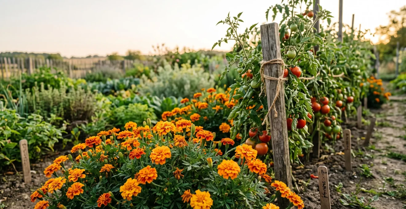 Rangée d'œillets d'Inde orange vif plantés en bordure d'un carré de tomates dans un potager baigné de lumière dorée