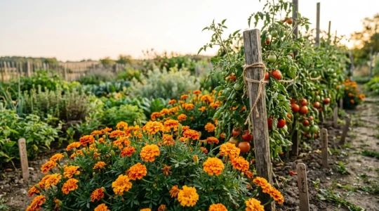 Rangée d'œillets d'Inde orange vif plantés en bordure d'un carré de tomates dans un potager baigné de lumière dorée