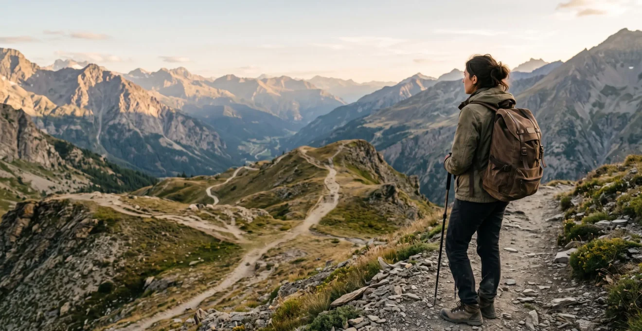 Un voyageur observe un paysage ouvert traversé par plusieurs sentiers symbolisant les choix multiples d'un itinéraire flexible de trois semaines