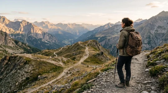 Un voyageur observe un paysage ouvert traversé par plusieurs sentiers symbolisant les choix multiples d'un itinéraire flexible de trois semaines