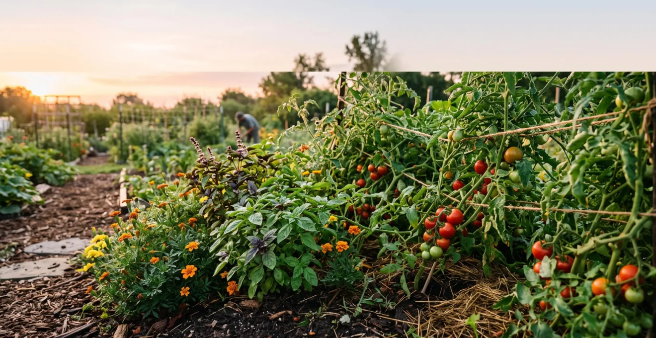Carré potager luxuriant où tomates, basilic et fleurs compagnes poussent ensemble en pleine santé sous une lumière dorée