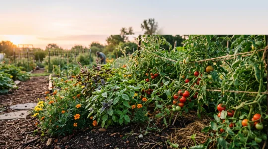 Carré potager luxuriant où tomates, basilic et fleurs compagnes poussent ensemble en pleine santé sous une lumière dorée