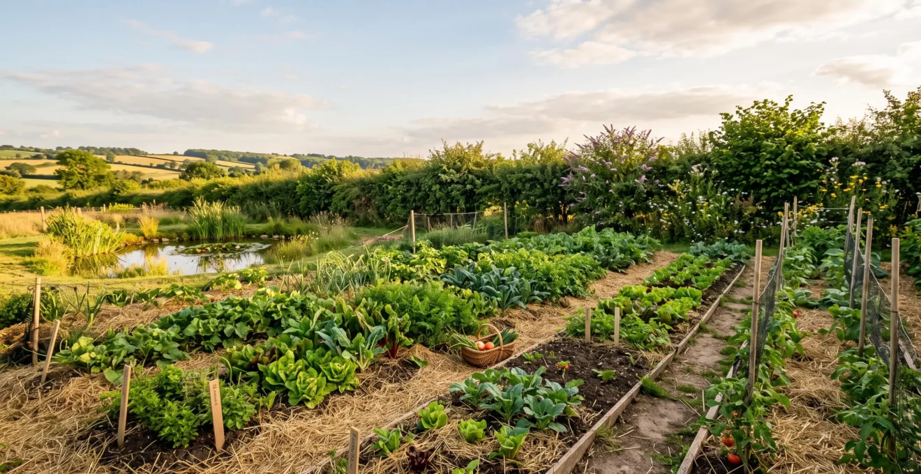 Potager résilient en permaculture avec végétation dense, paillage épais et haie protectrice sous une lumière de fin de journée