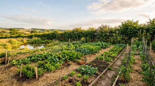 Potager résilient en permaculture avec végétation dense, paillage épais et haie protectrice sous une lumière de fin de journée