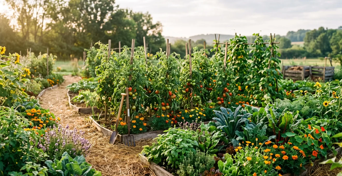 Vue d'ensemble d'un potager en permaculture de 50 m2 en pleine production lors de sa premiere annee