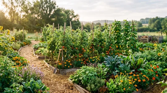 Vue d'ensemble d'un potager en permaculture de 50 m2 en pleine production lors de sa premiere annee