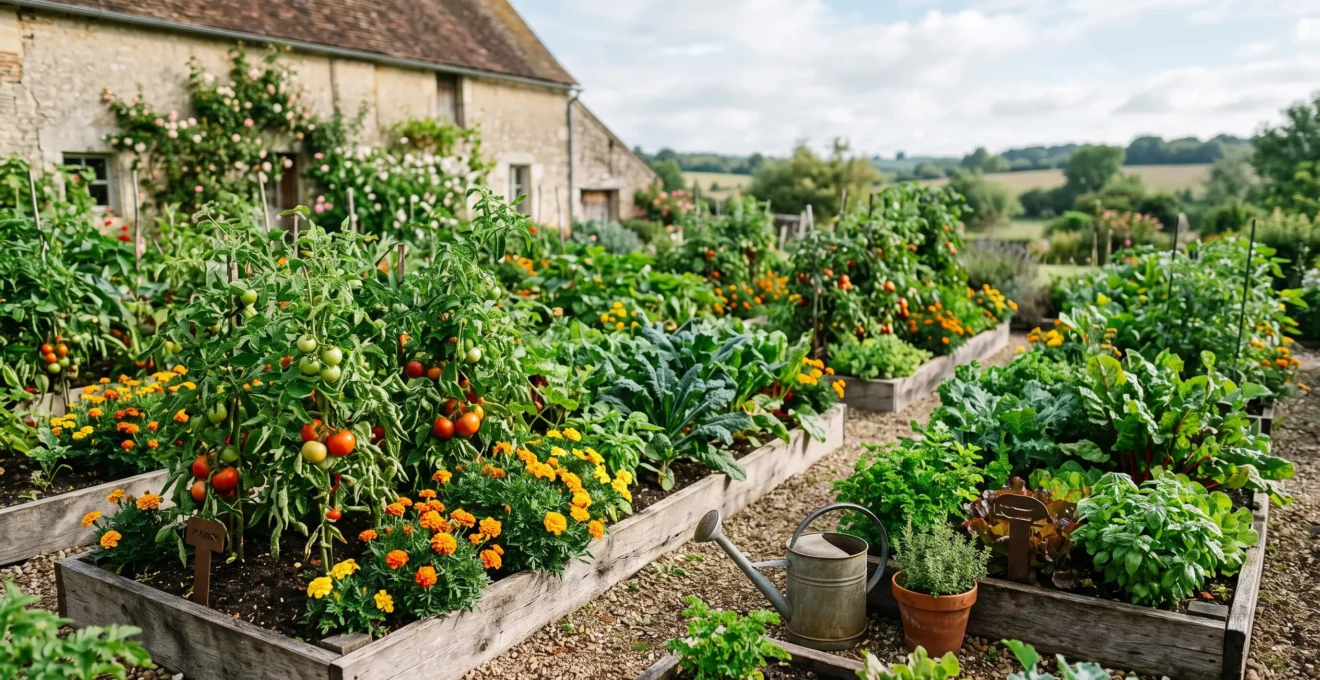 Un potager foisonnant de 20 m² cultivé sans aucun produit chimique, avec légumes variés et fleurs compagnes