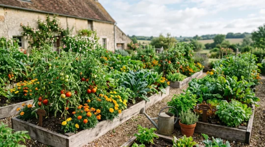 Un potager foisonnant de 20 m² cultivé sans aucun produit chimique, avec légumes variés et fleurs compagnes