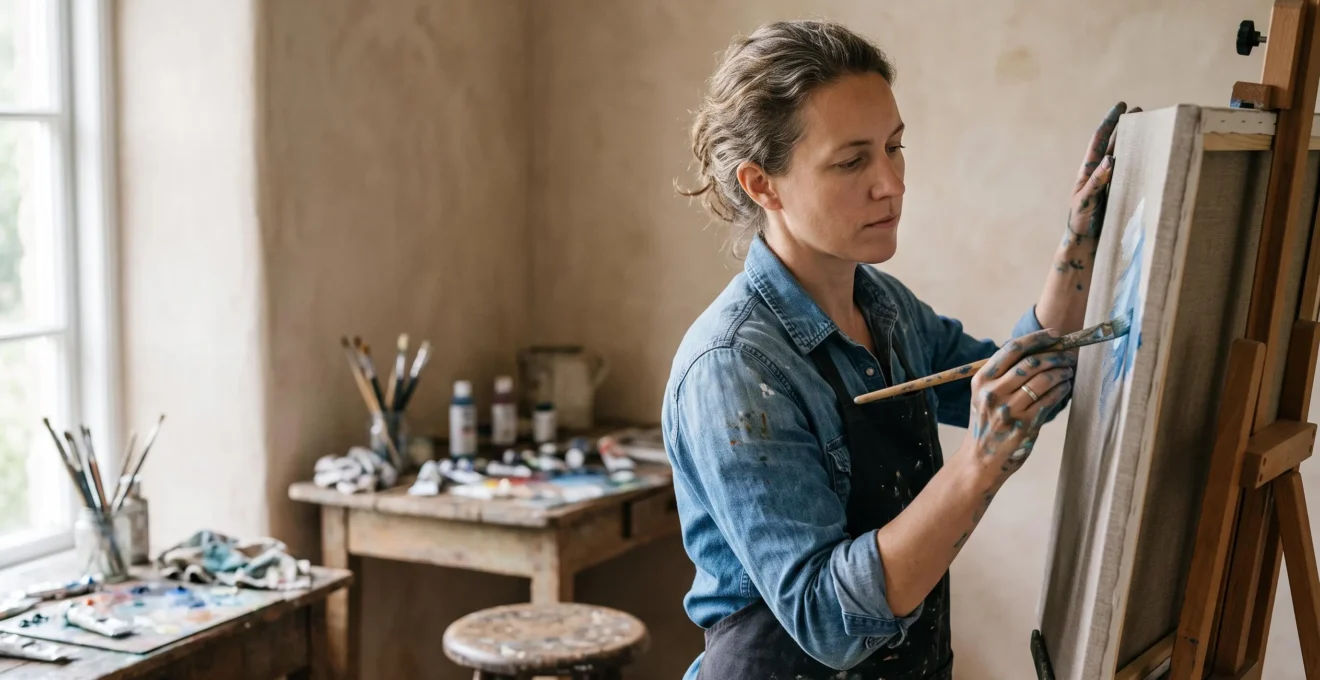 Une personne peint sereinement sa première toile dans un atelier lumineux, les mains couvertes de peinture, sans pression du résultat
