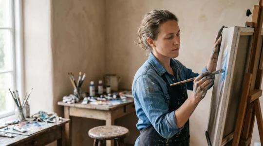 Une personne peint sereinement sa première toile dans un atelier lumineux, les mains couvertes de peinture, sans pression du résultat