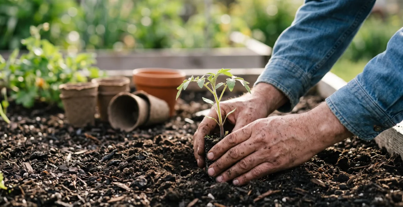 Mains d'un jardinier débutant plantant délicatement son premier plant de légume dans la terre