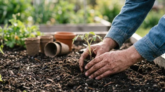 Mains d'un jardinier débutant plantant délicatement son premier plant de légume dans la terre