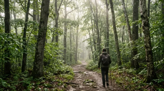 Randonneur seul de dos sur un sentier forestier baigné de lumière matinale, symbole de reconnexion entre le corps et l'esprit
