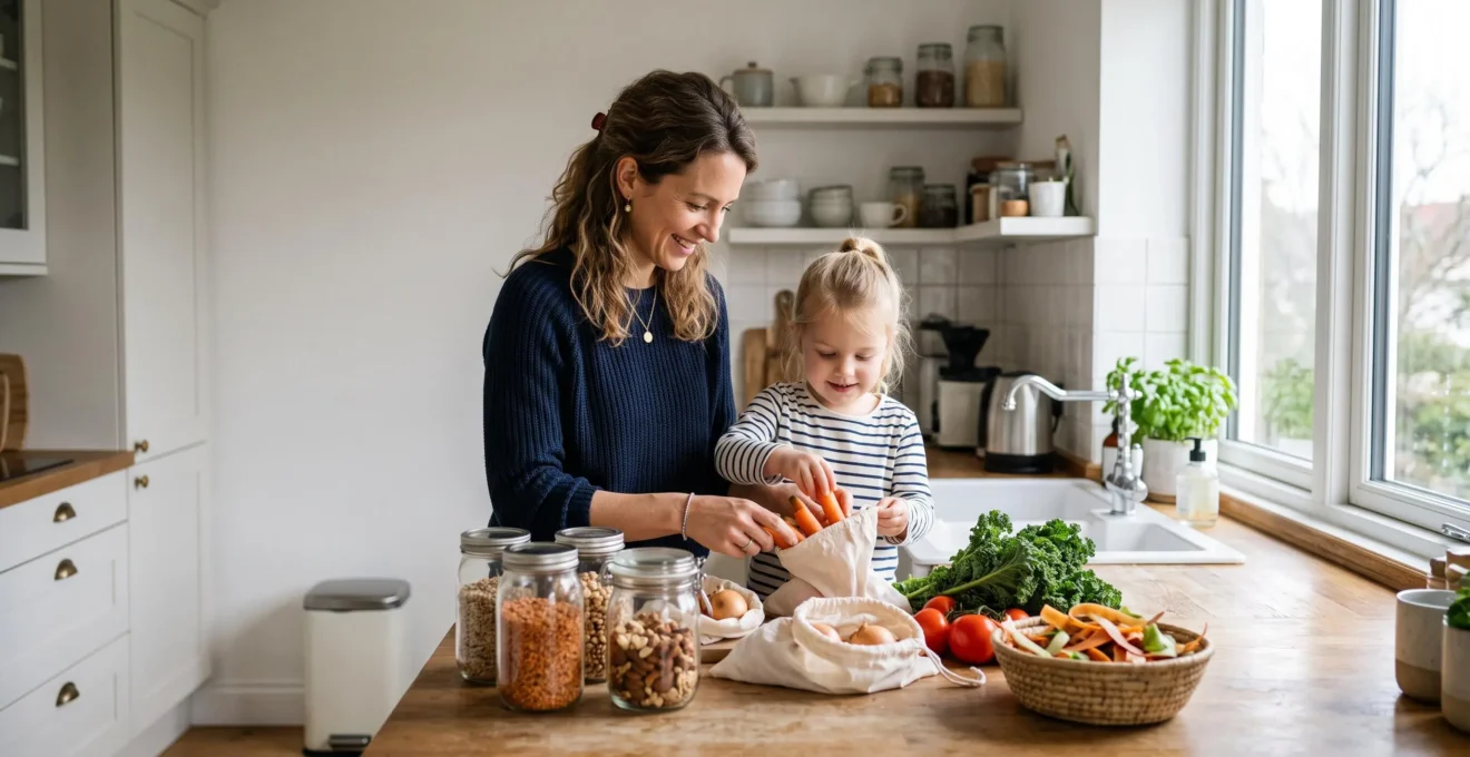 Une cuisine lumineuse où une famille prépare des bocaux et contenants réutilisables, symbolisant la réduction progressive des déchets du quotidien