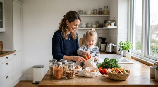 Une cuisine lumineuse où une famille prépare des bocaux et contenants réutilisables, symbolisant la réduction progressive des déchets du quotidien