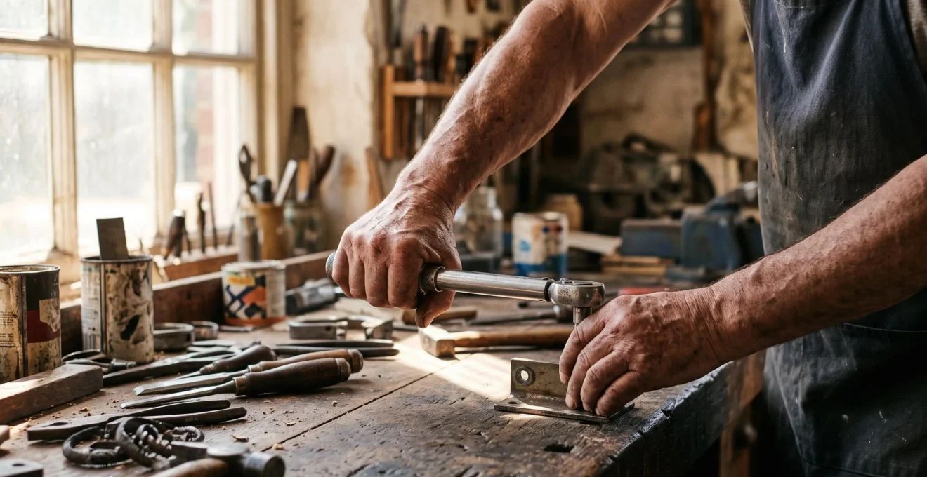 Gros plan sur des mains expertes en train de fixer solidement une pièce métallique dans un atelier chaleureux, symbolisant une réparation durable